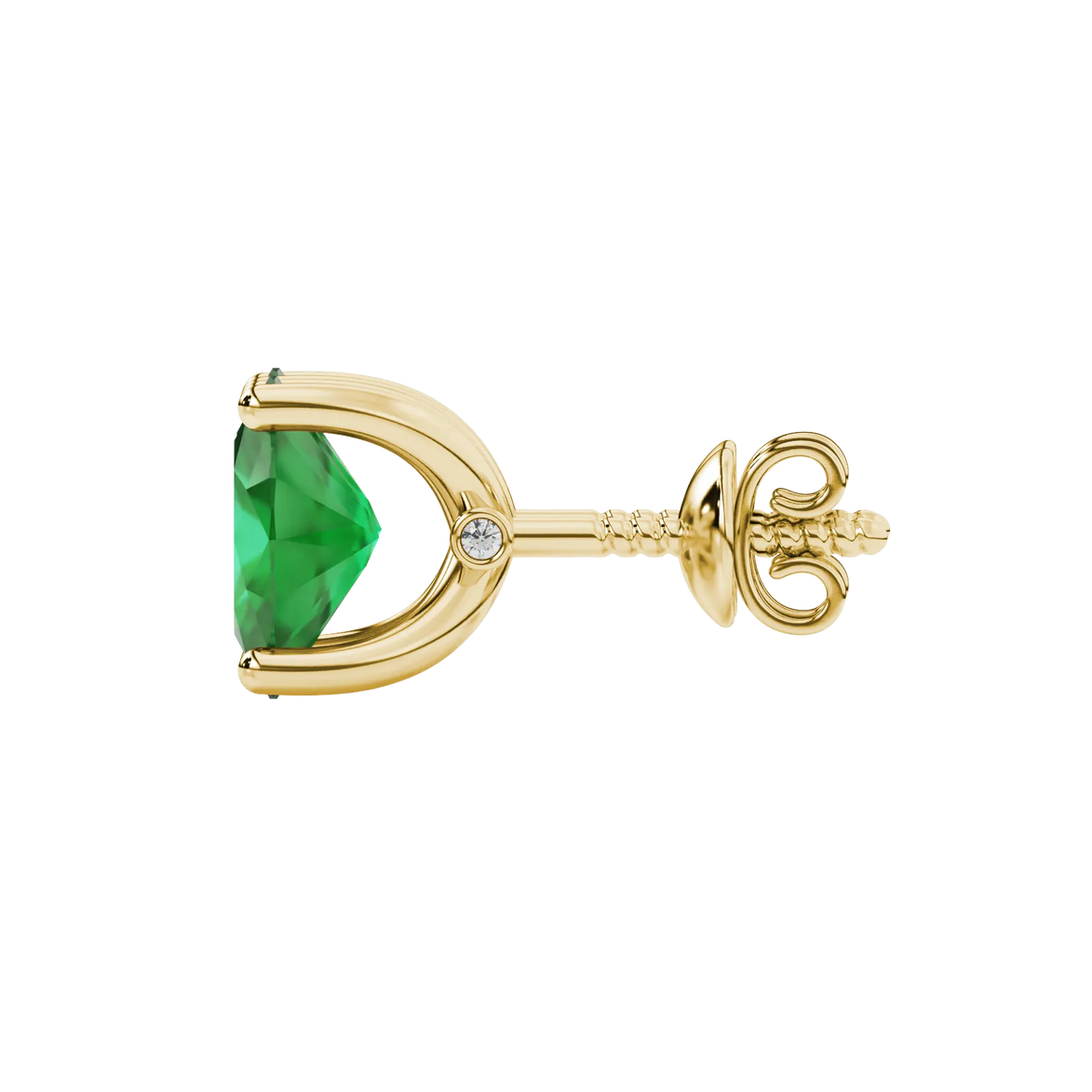 Side profile, yellow gold emerald green earrings, surprise diamond gallery.
