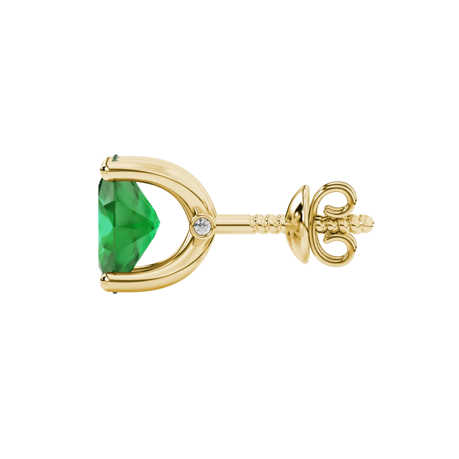 Side profile, yellow gold emerald green earrings, surprise diamond gallery.