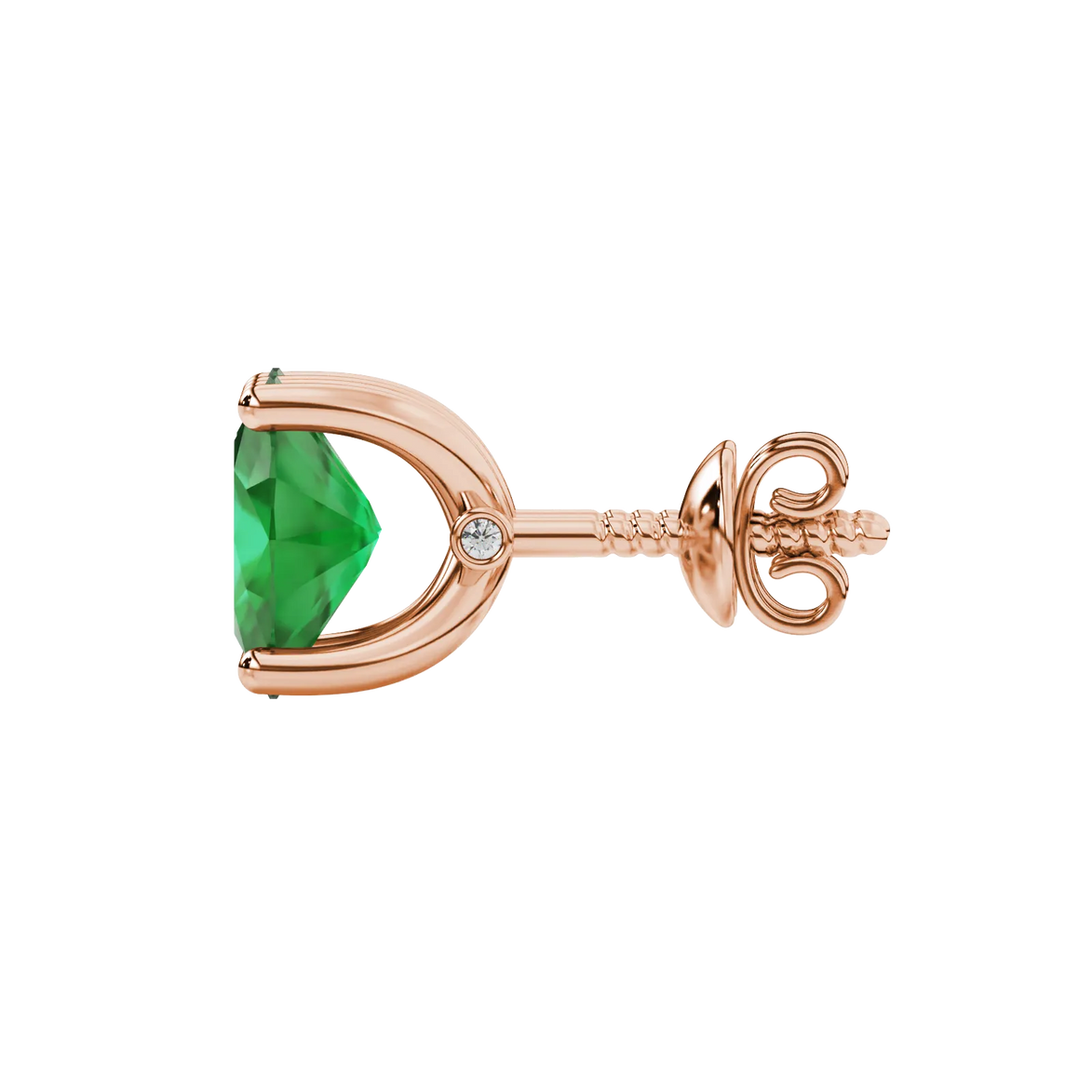 Side profile, rose gold emerald green earrings, surprise diamond gallery.