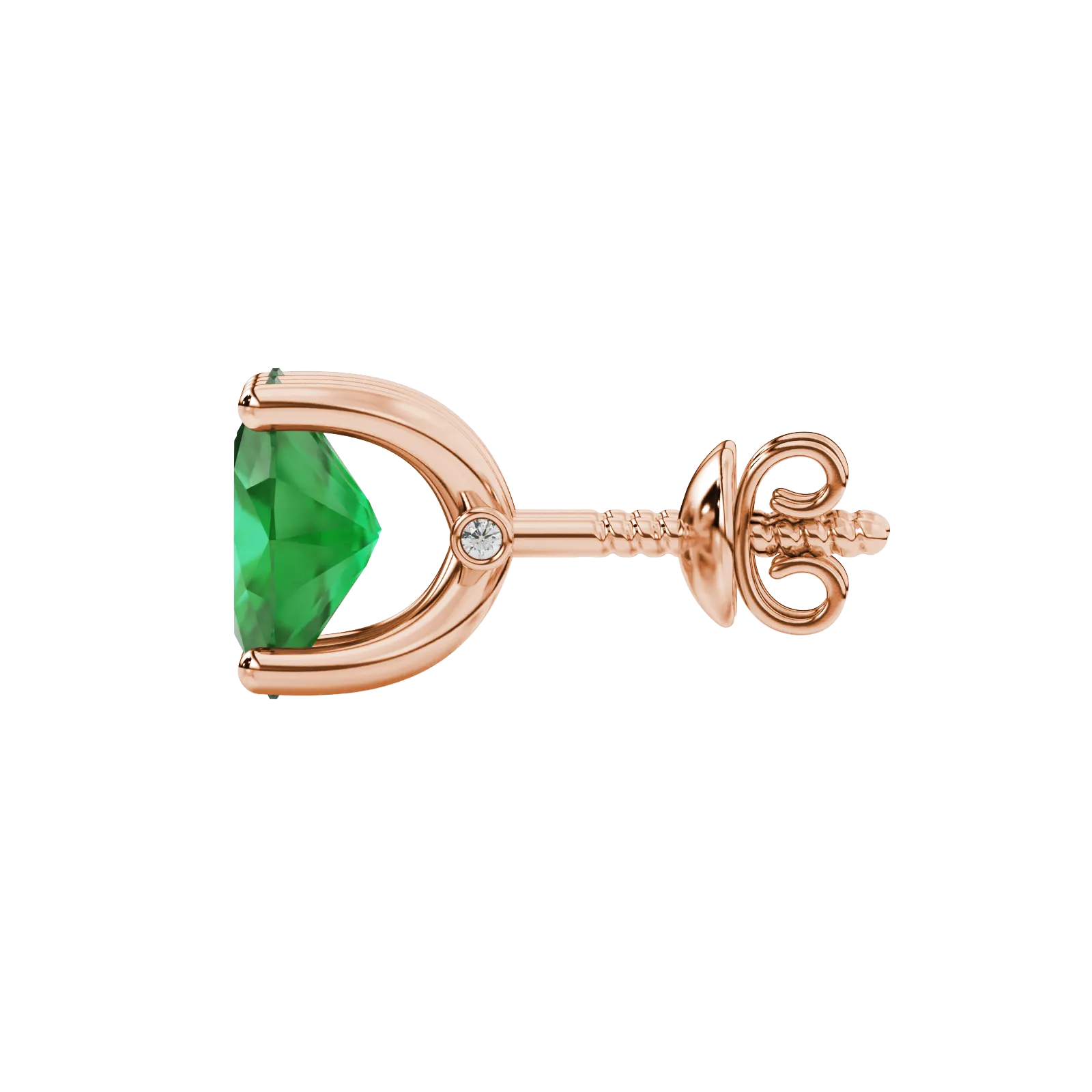 Side profile, rose gold emerald green earrings, surprise diamond gallery.