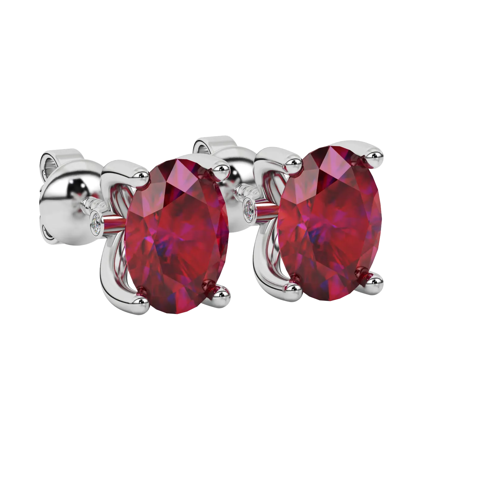 Close-up raspberry red gemstone earing, white gold surprise diamond setting.