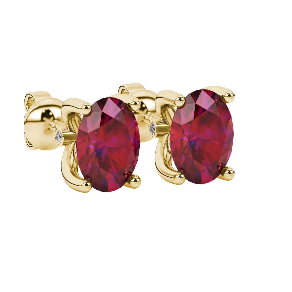 Close-up, oval cut raspberry red gemstone, yellow gold surprise diamond earrings.