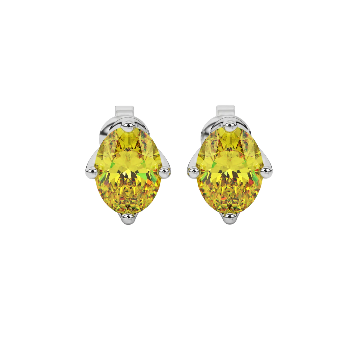 Oval cut canary yellow gemstone earrings, white gold tulip basket setting.
