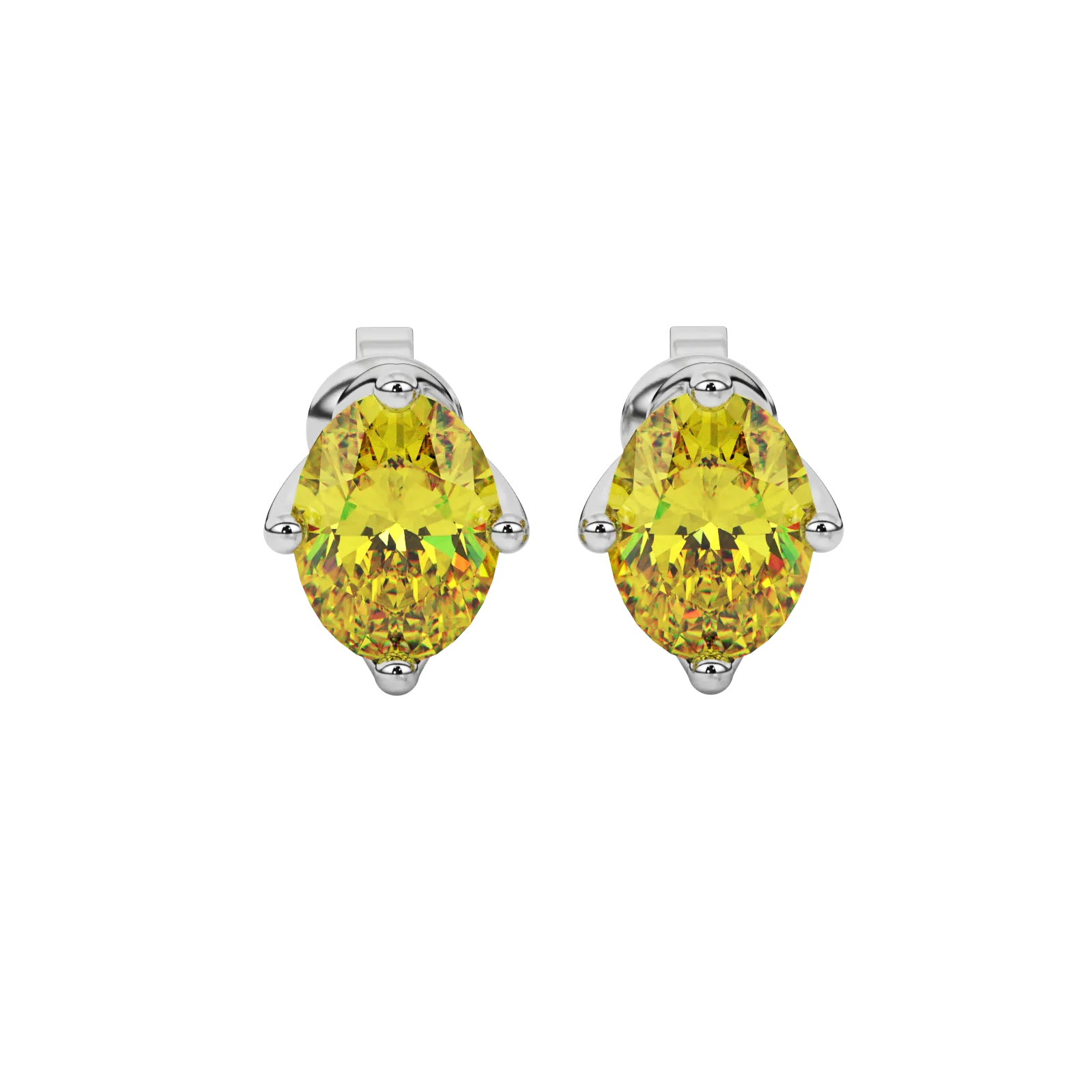 Oval cut canary yellow gemstone earrings, white gold tulip basket setting.