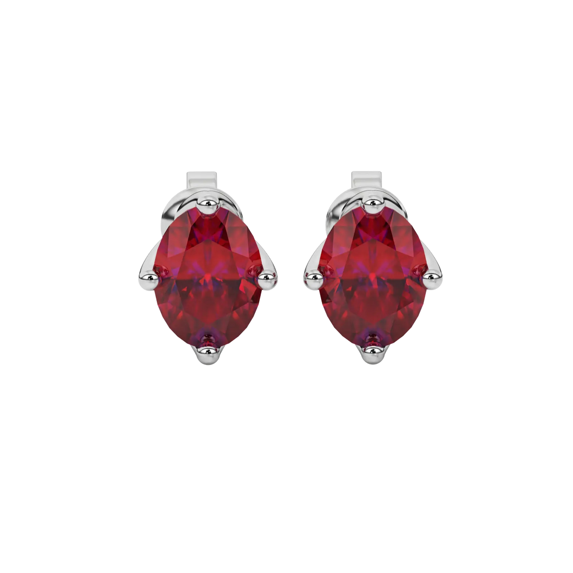 Oval cut raspberry red gemstone earrings, white gold tulip basket setting.