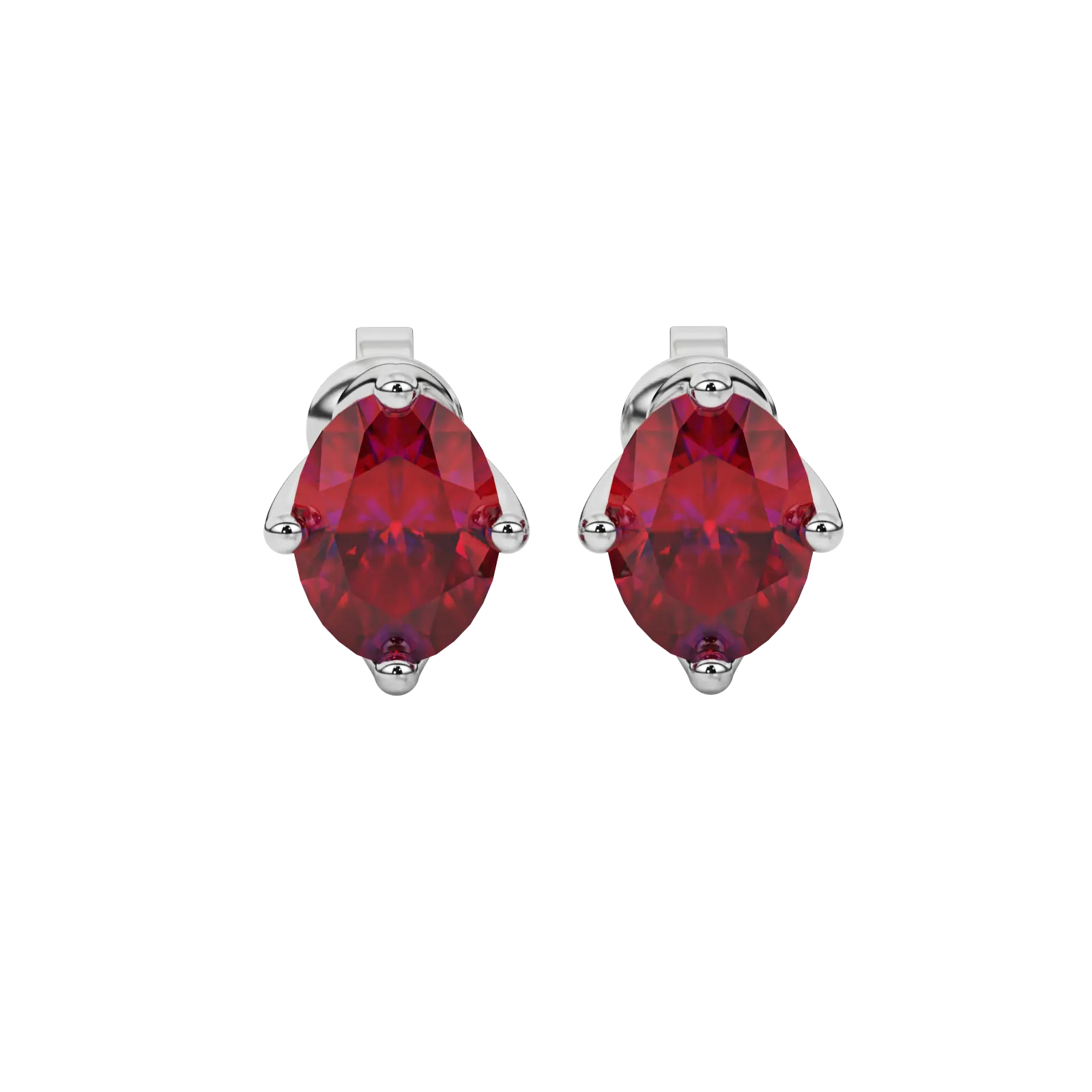 Oval cut raspberry red gemstone earrings, white gold tulip basket setting.