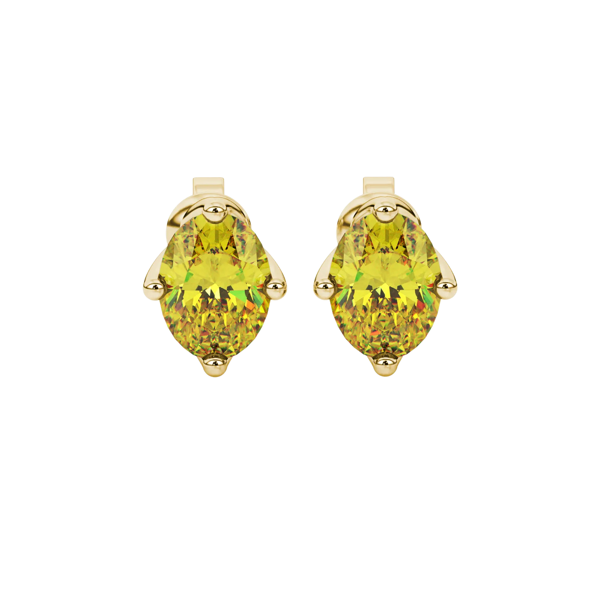 Oval cut canary yellow gemstone earrings, yellow gold tulip basket setting.