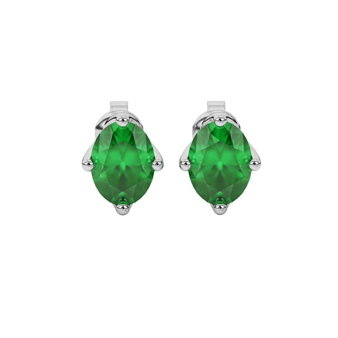 Oval cut emerald green gemstone earrings, white gold tulip basket setting.