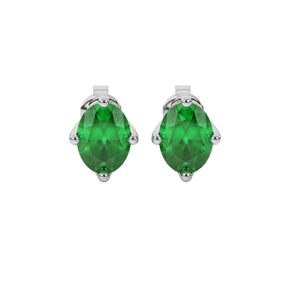 Oval cut emerald green gemstone earrings, white gold tulip basket setting.