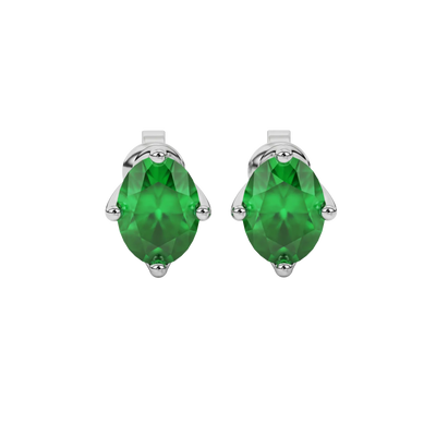 Oval cut emerald green gemstone earrings, white gold tulip basket setting.