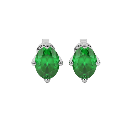 Oval cut emerald green gemstone earrings, white gold tulip basket setting.