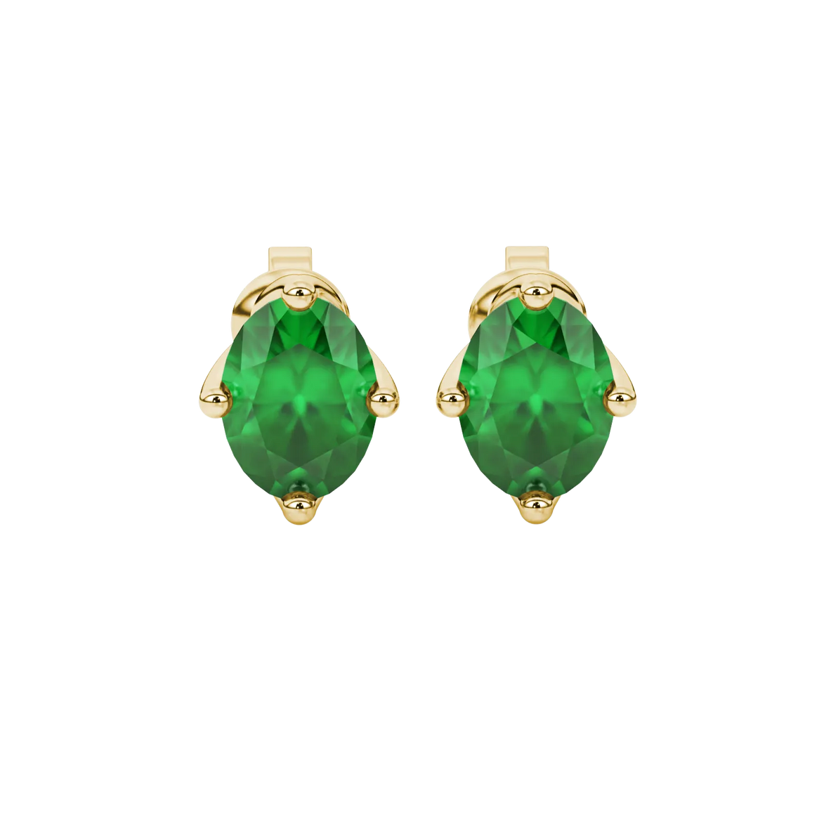 Oval cut emerald green gemstone earrings, yellow gold tulip basket setting.