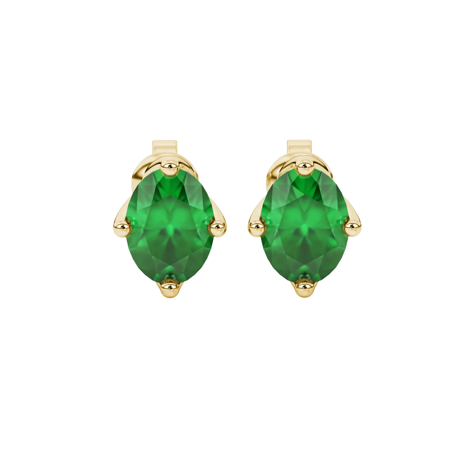 Oval cut emerald green gemstone earrings, yellow gold tulip basket setting.