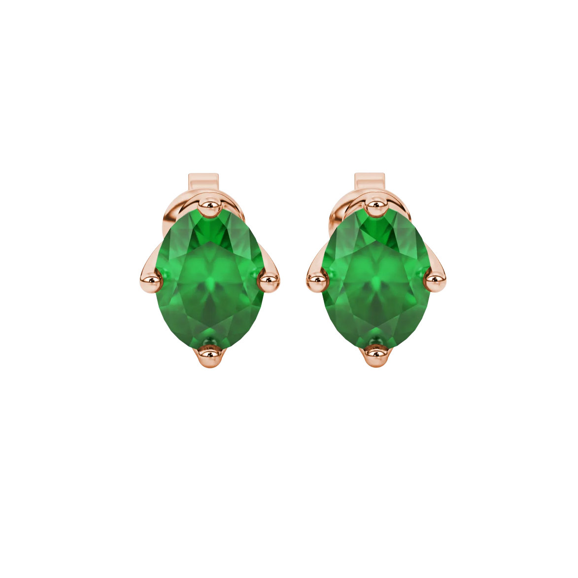 Oval cut emerald green gemstone earrings, rose gold tulip basket setting.