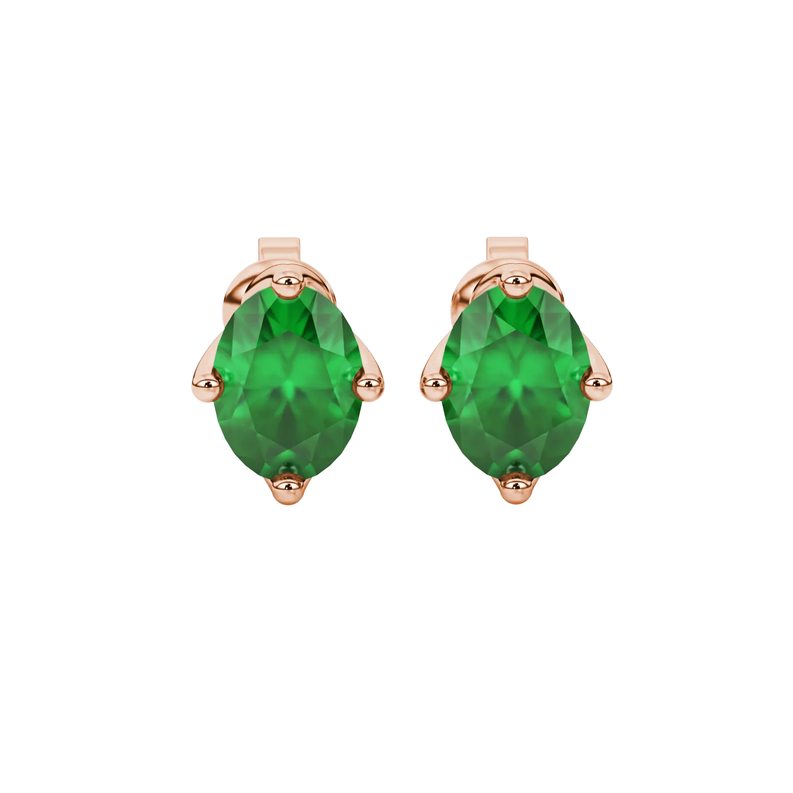 Oval cut emerald green gemstone earrings, rose gold tulip basket setting.