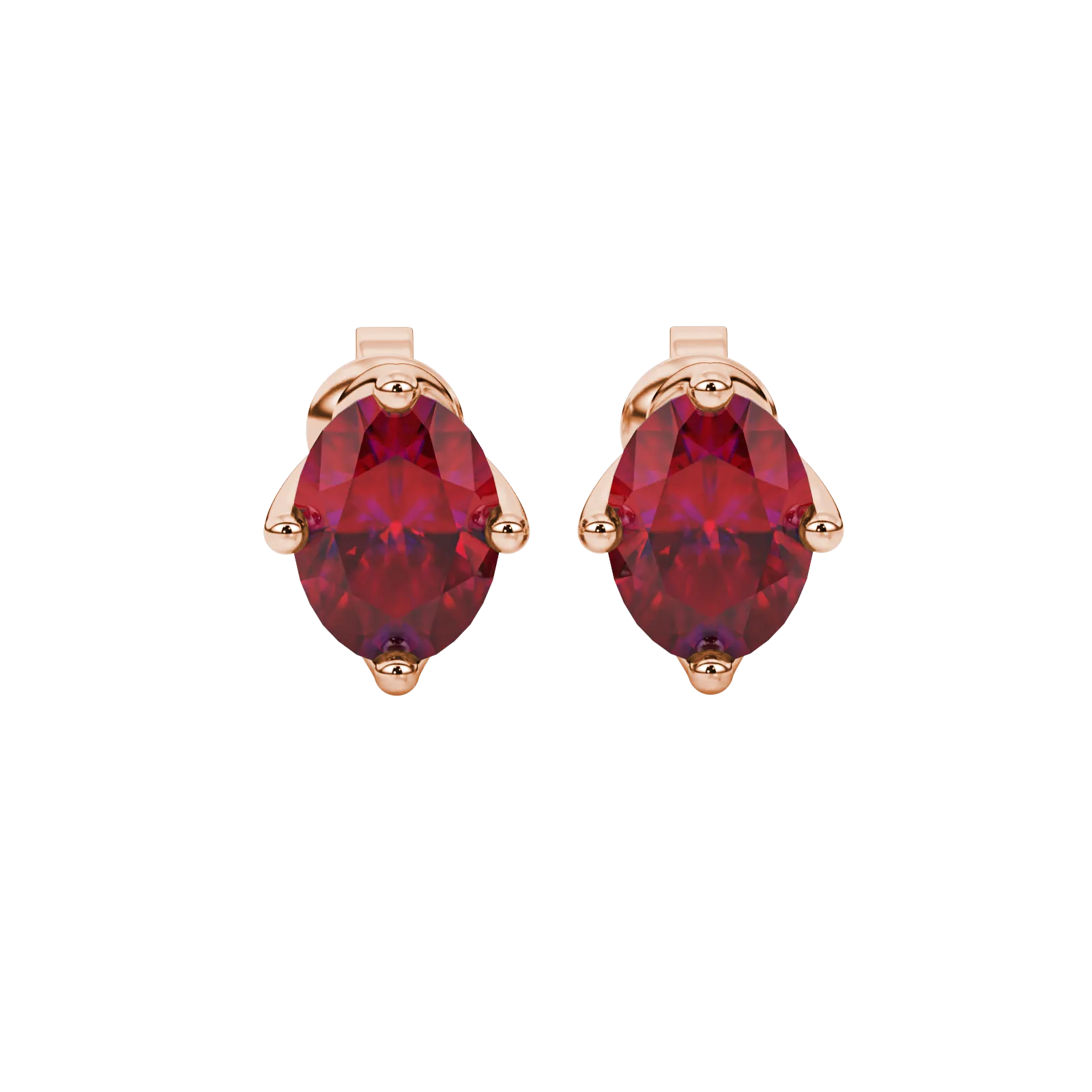 Oval cut raspberry red gemstone earrings, rose gold tulip basket setting.