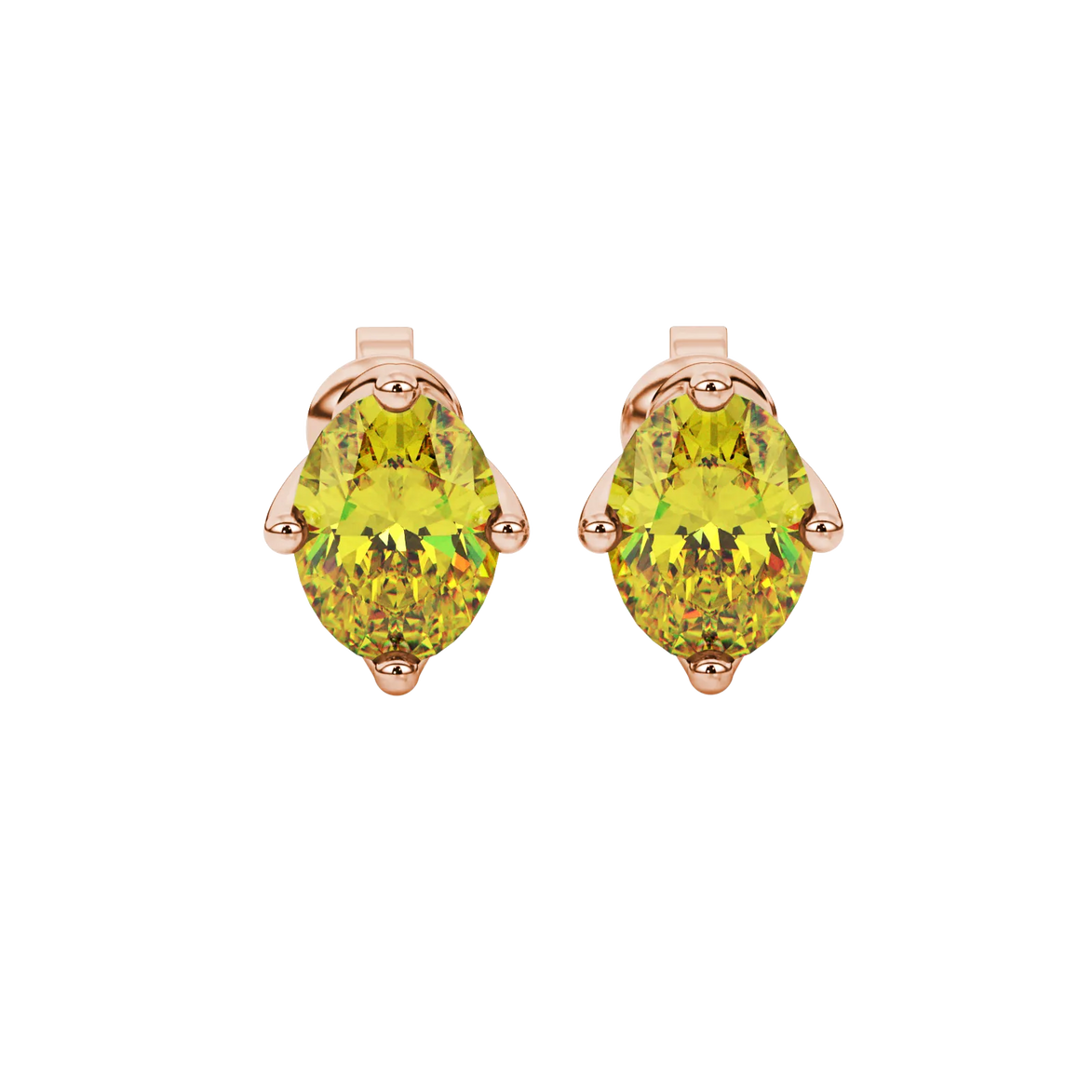 Oval cut canary yellow gemstone earrings, rose gold tulip basket setting.