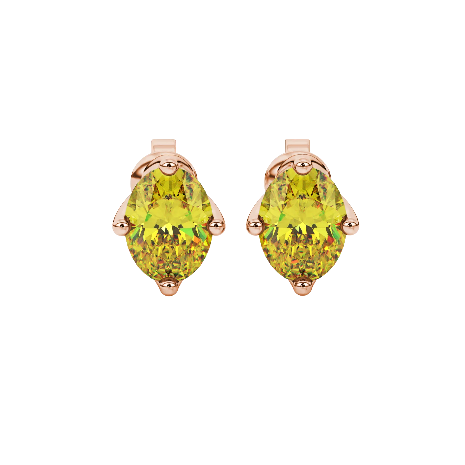 Oval cut canary yellow gemstone earrings, rose gold tulip basket setting.