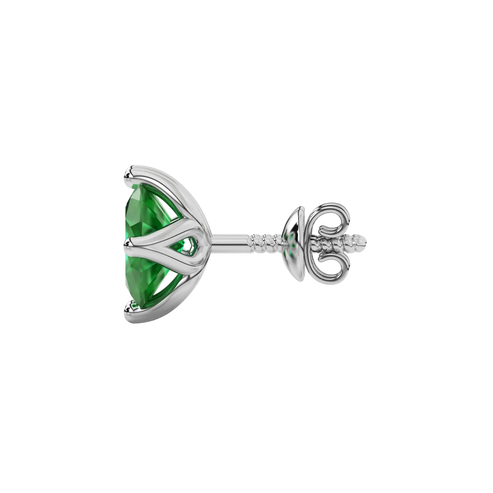 Side profile, white gold emerald green earrings, tulip basket gallery.