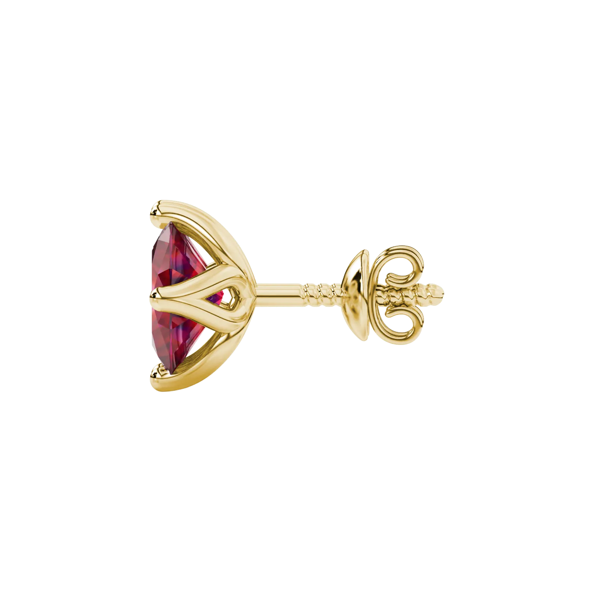 Side profile, yellow gold raspberry red earrings, tulip basket gallery.
