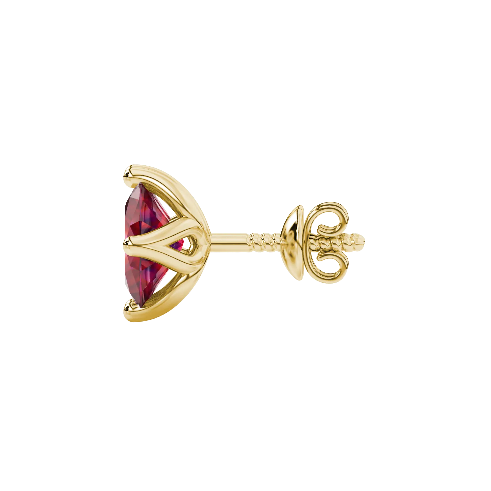 Side profile, yellow gold raspberry red earrings, tulip basket gallery.