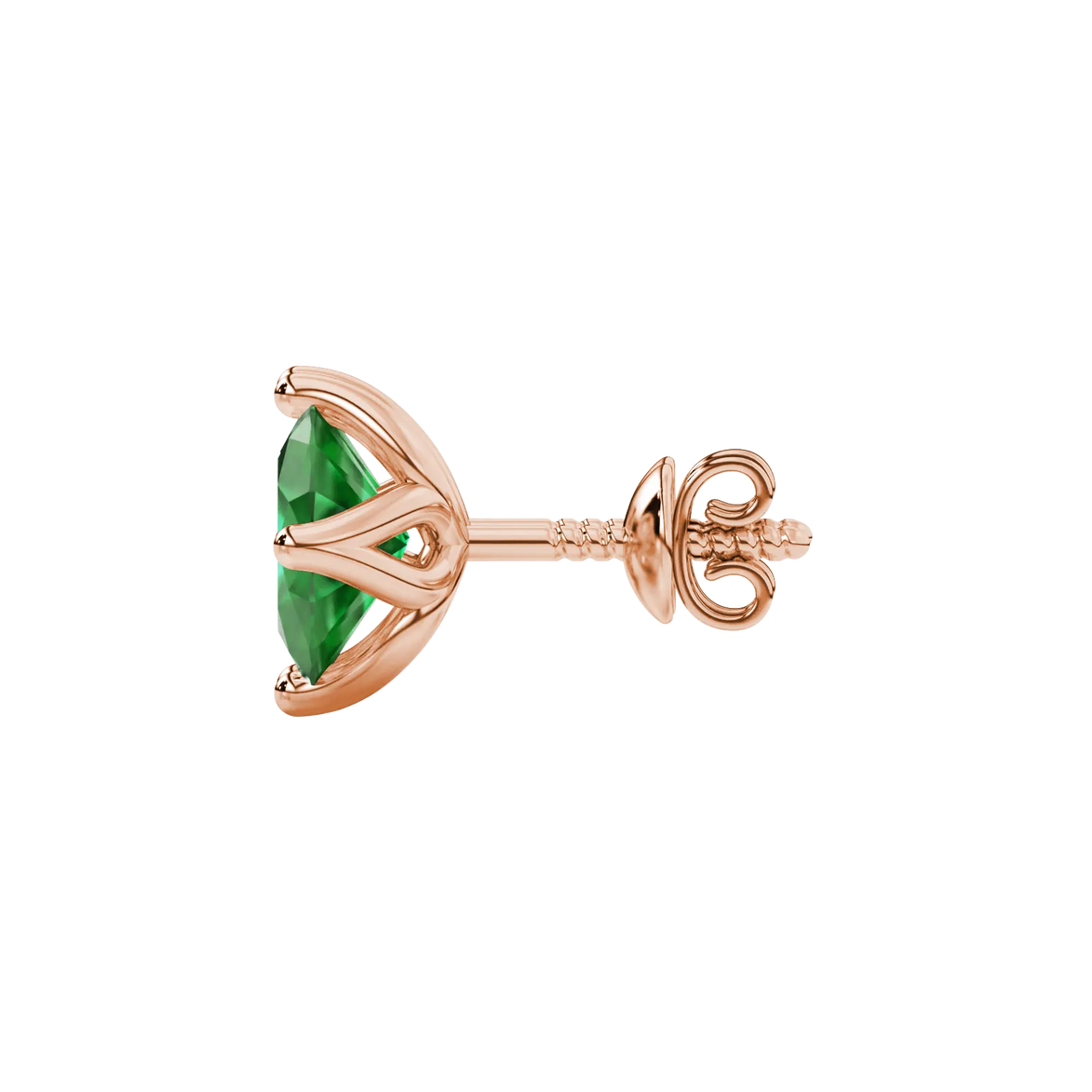 Side profile, rose gold emerald green earrings, tulip basket gallery.