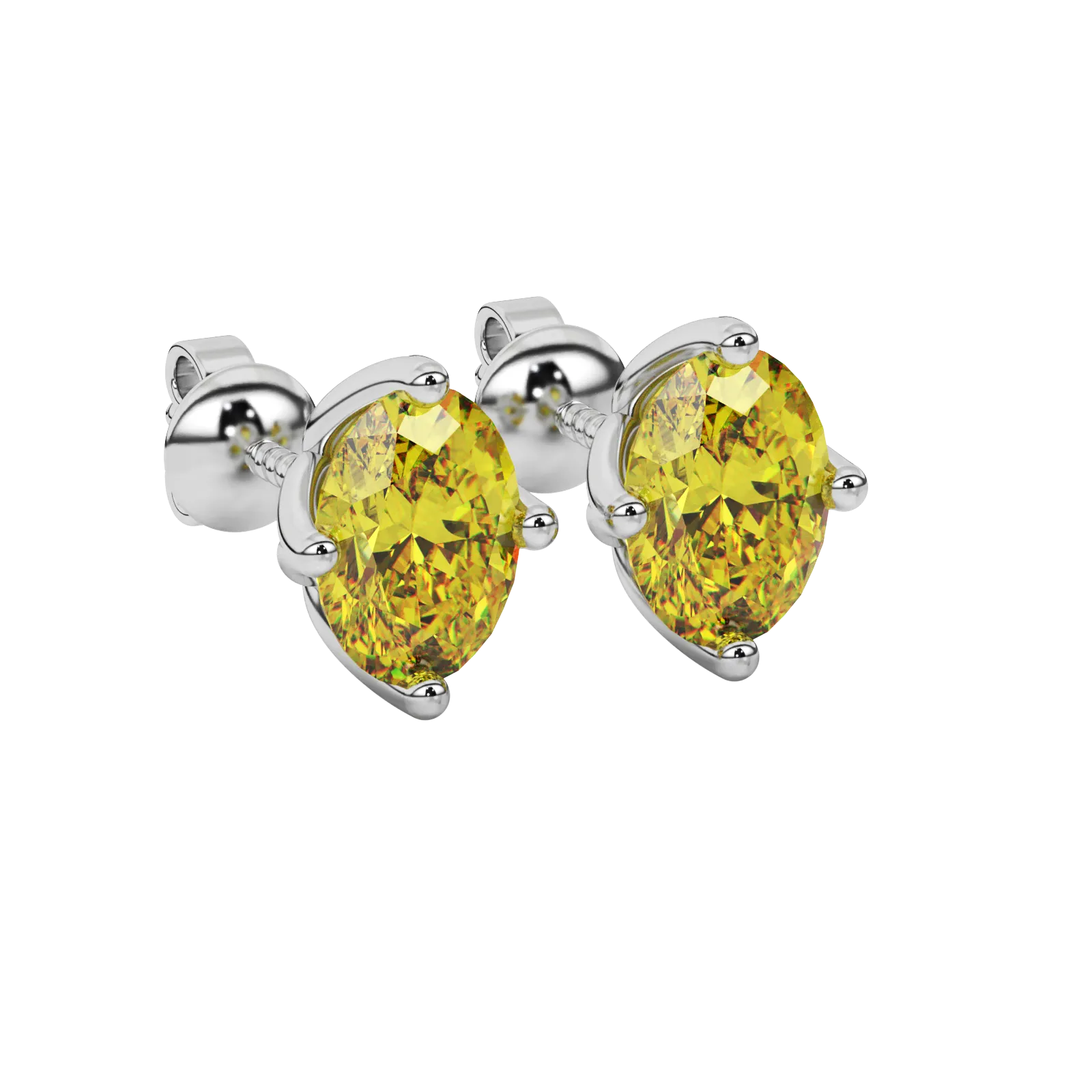 Close-up oval cut canary yellow gemstone earing, white gold tulip basket.