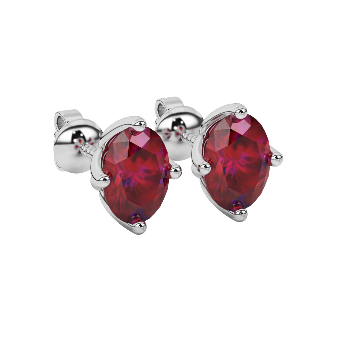 Close-up oval cut raspberry red gemstone earing, white gold tulip basket.