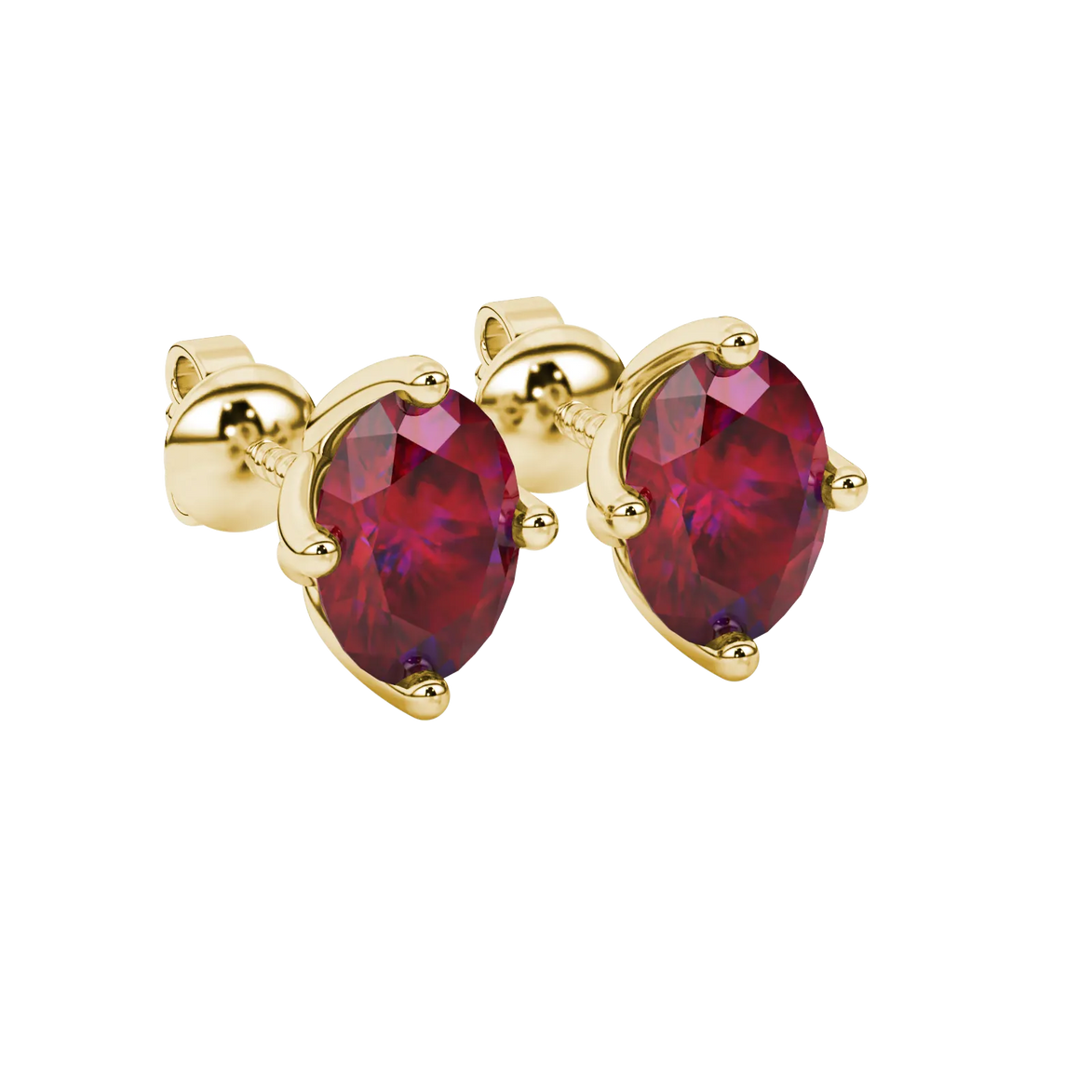 Close-up, oval cut raspberry red gemstone, yellow gold tulip basket earrings.