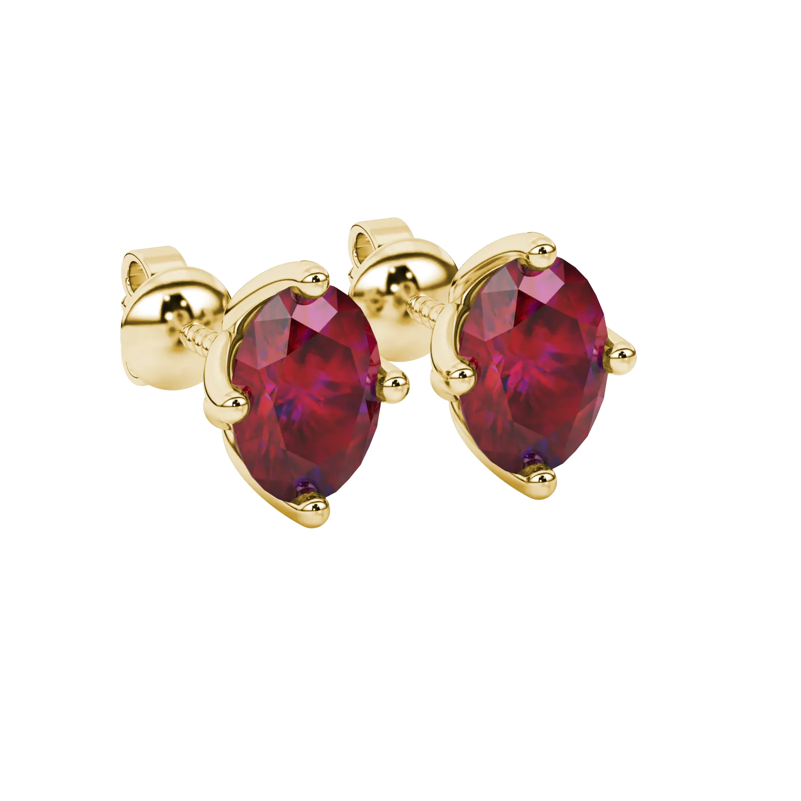 Close-up, oval cut raspberry red gemstone, yellow gold tulip basket earrings.