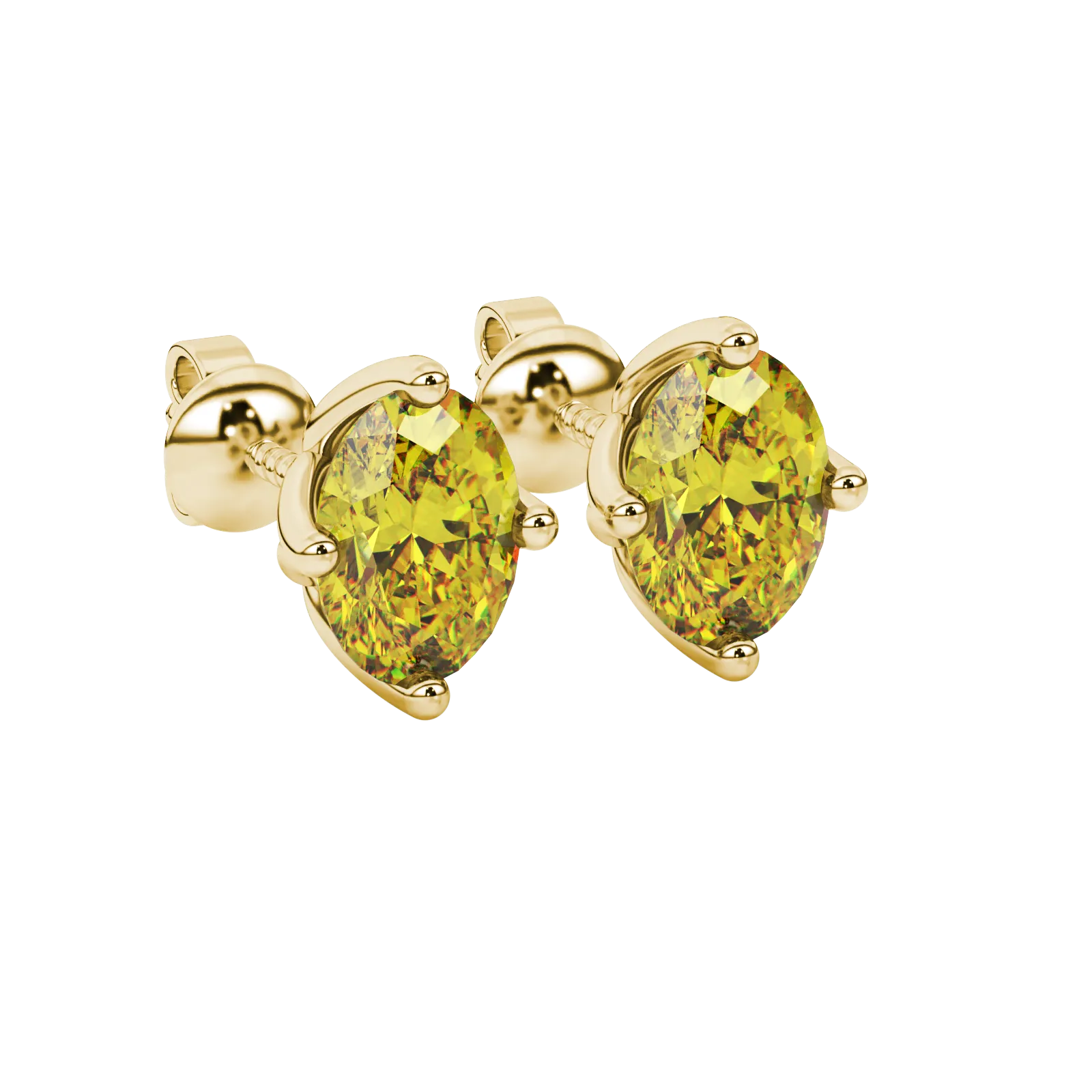 Close-up, oval cut canary yellow gemstone, yellow gold tulip basket earrings.