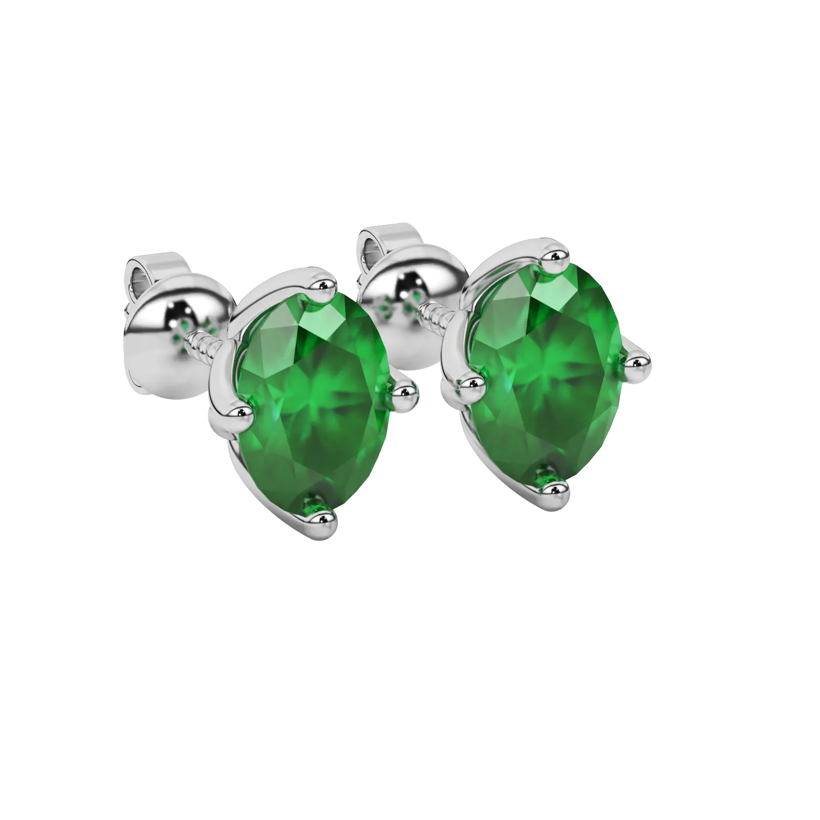 Close-up oval cut emerald green gemstone earing, white gold tulip basket.