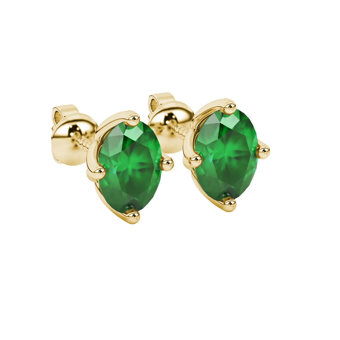 Close-up, oval cut emerald green gemstone, yellow gold tulip basket earrings.