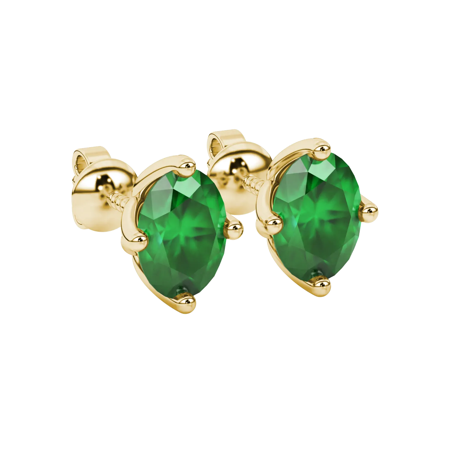 Close-up, oval cut emerald green gemstone, yellow gold tulip basket earrings.