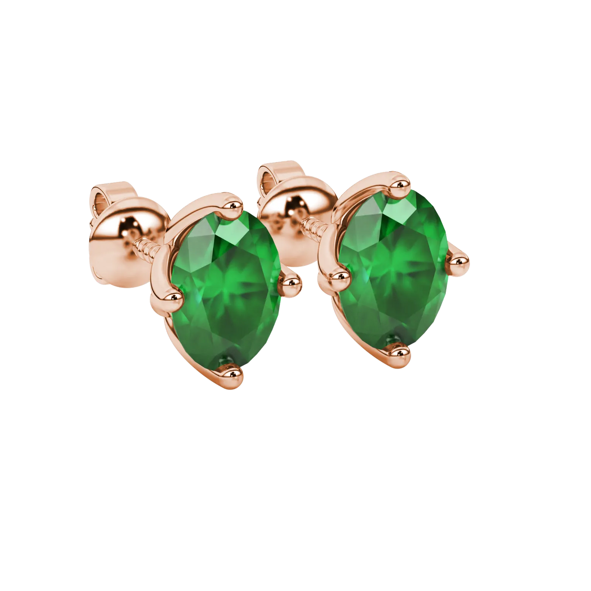 Close-up, oval cut emerald green gemstone earrings, rose gold tulip basket.