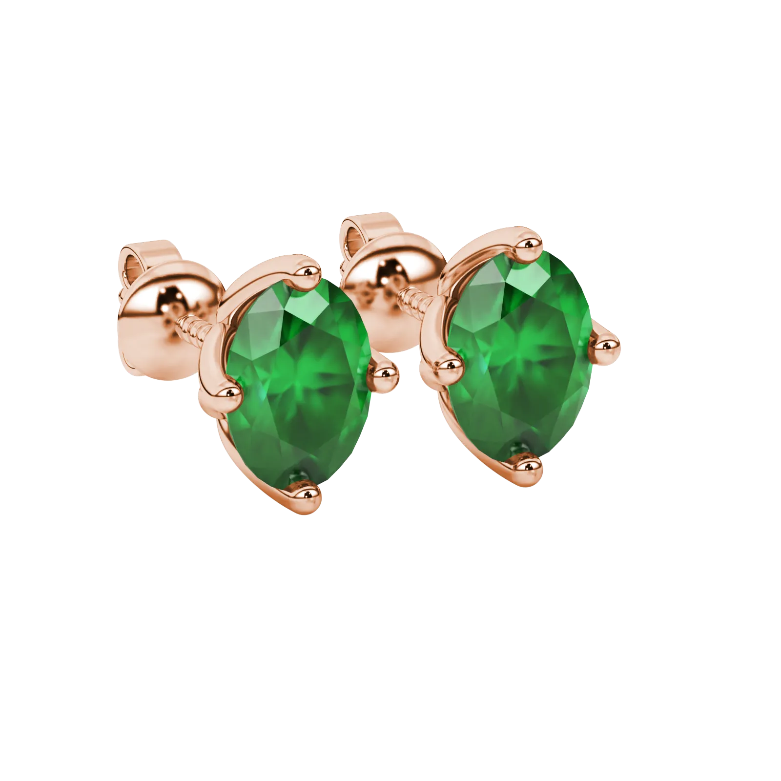 Close-up, oval cut emerald green gemstone earrings, rose gold tulip basket.