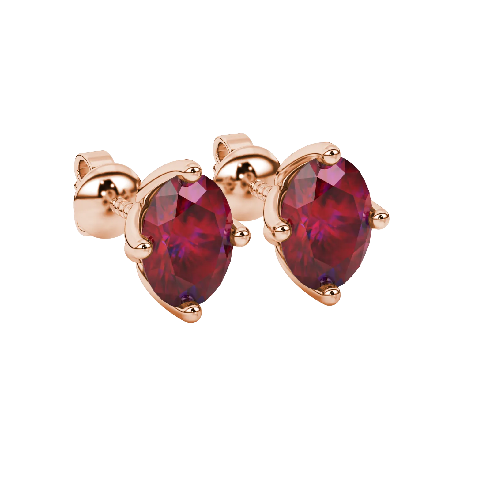 Close-up, oval cut raspberry red gemstone earrings, rose gold tulip basket.