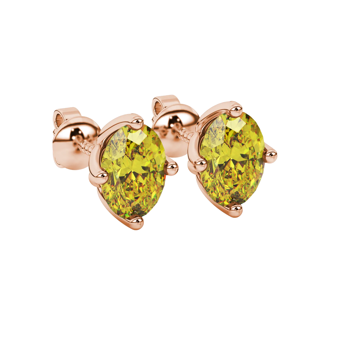 Close-up, oval cut canary yellow gemstone earrings, rose gold tulip basket.