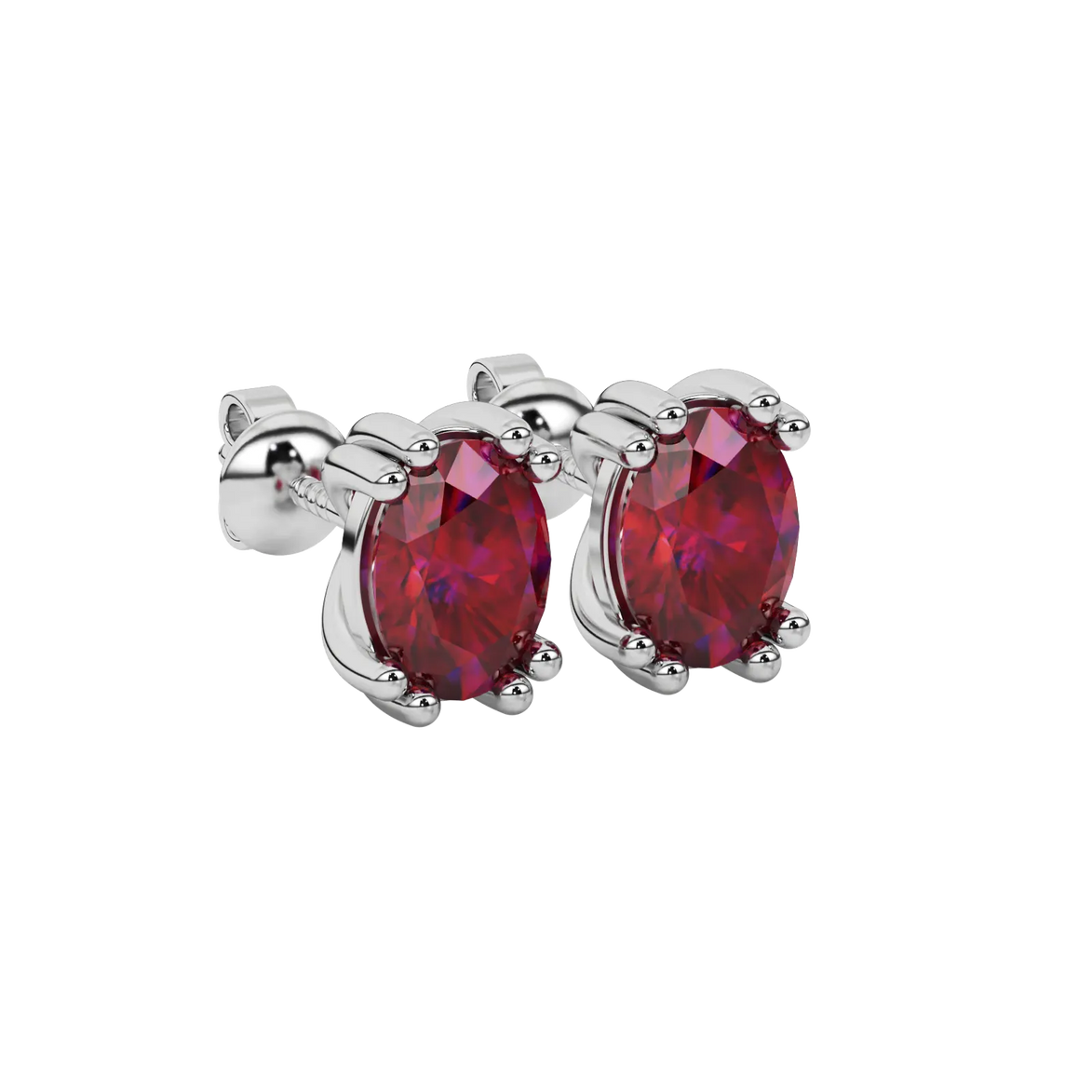 Close-up oval cut raspberry red gemstone earing, white gold vintage basket.