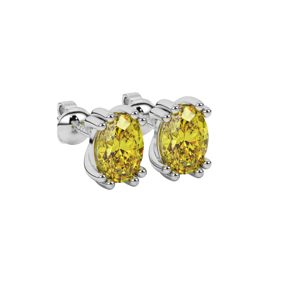 Close-up oval cut canary yellow gemstone earing, white gold vintage basket.