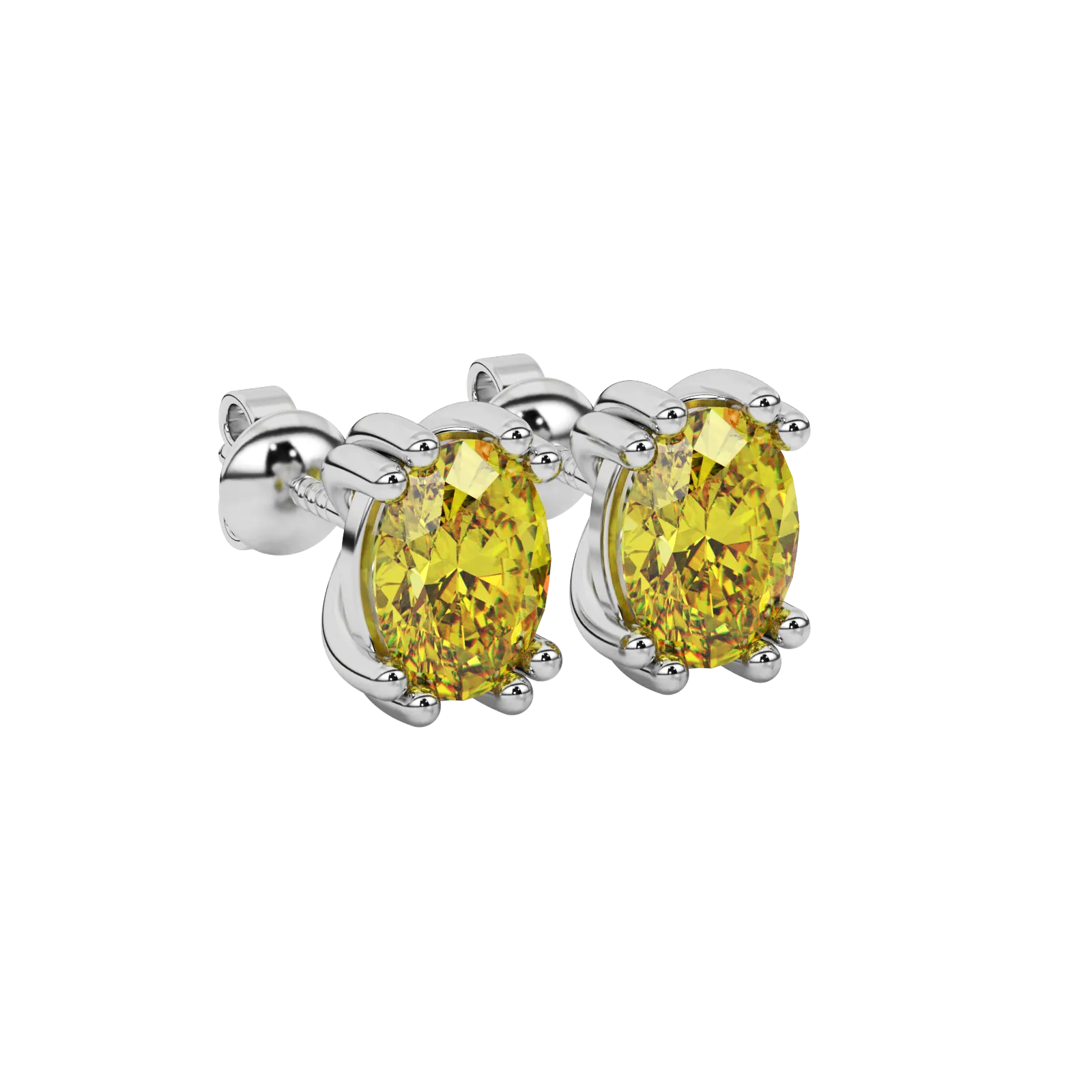 Close-up oval cut canary yellow gemstone earing, white gold vintage basket.
