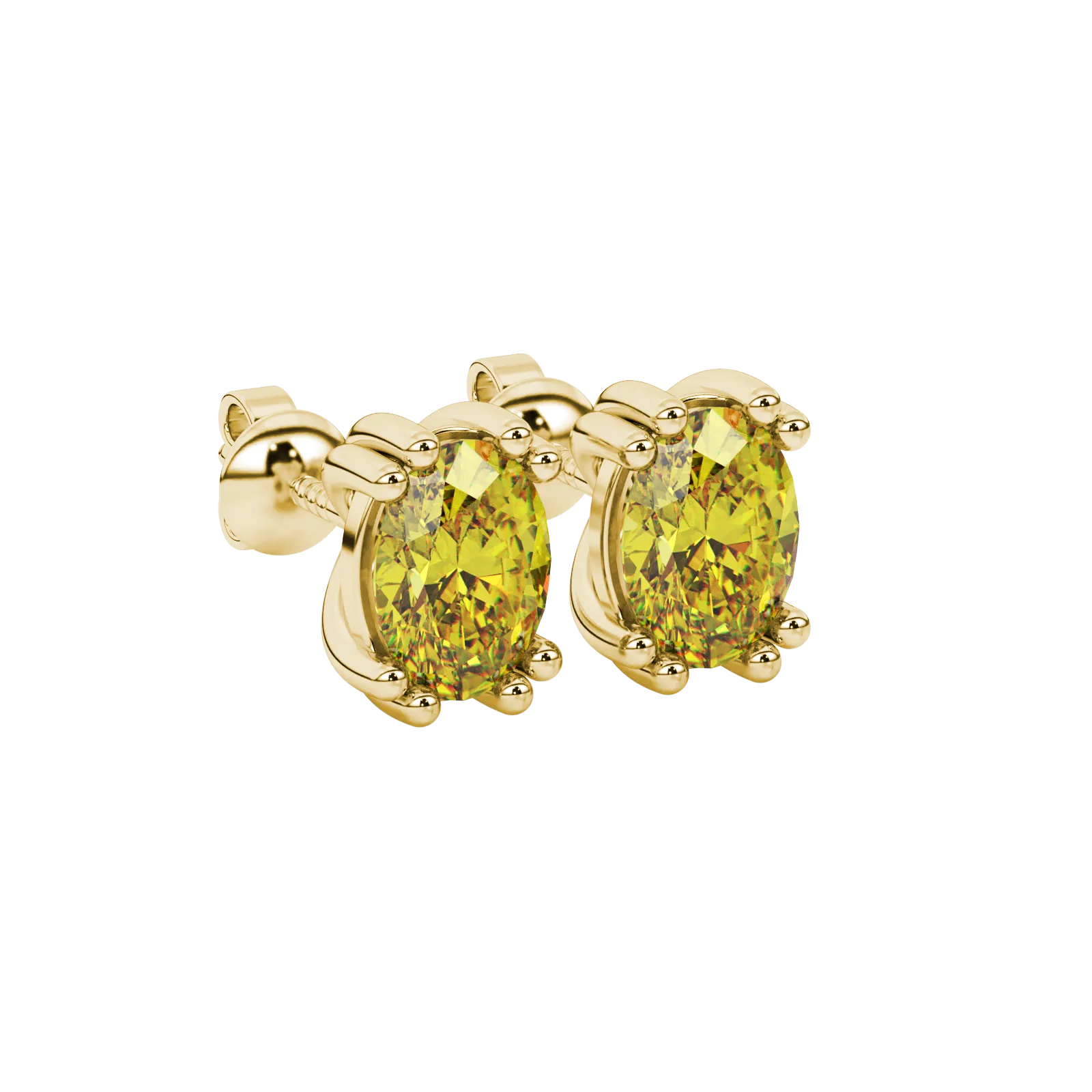 Close-up, oval cut canary yellow gemstone, yellow gold vintage basket earrings.