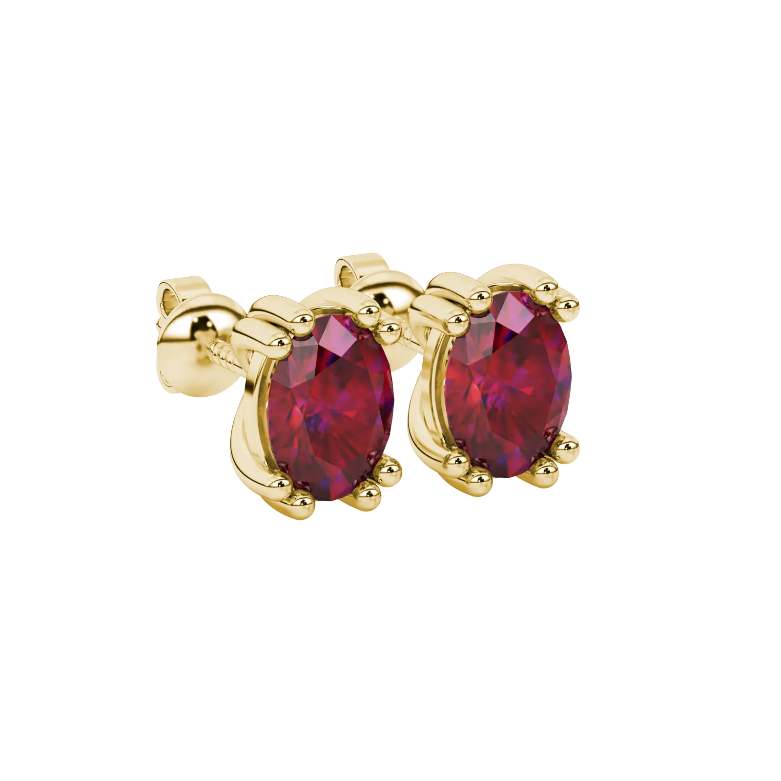 Close-up, oval cut raspberry red gemstone, yellow gold vintage basket earrings.