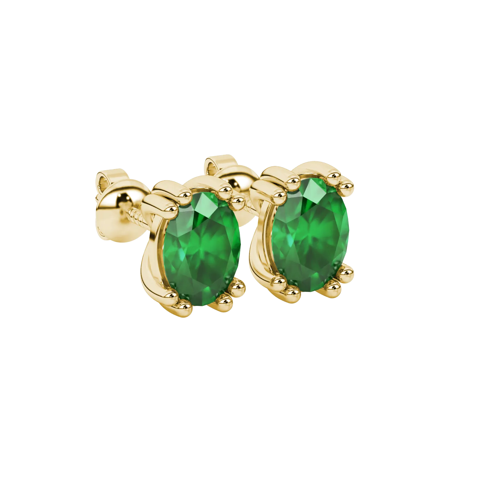 Close-up, oval cut emerald green gemstone, yellow gold vintage basket earrings.