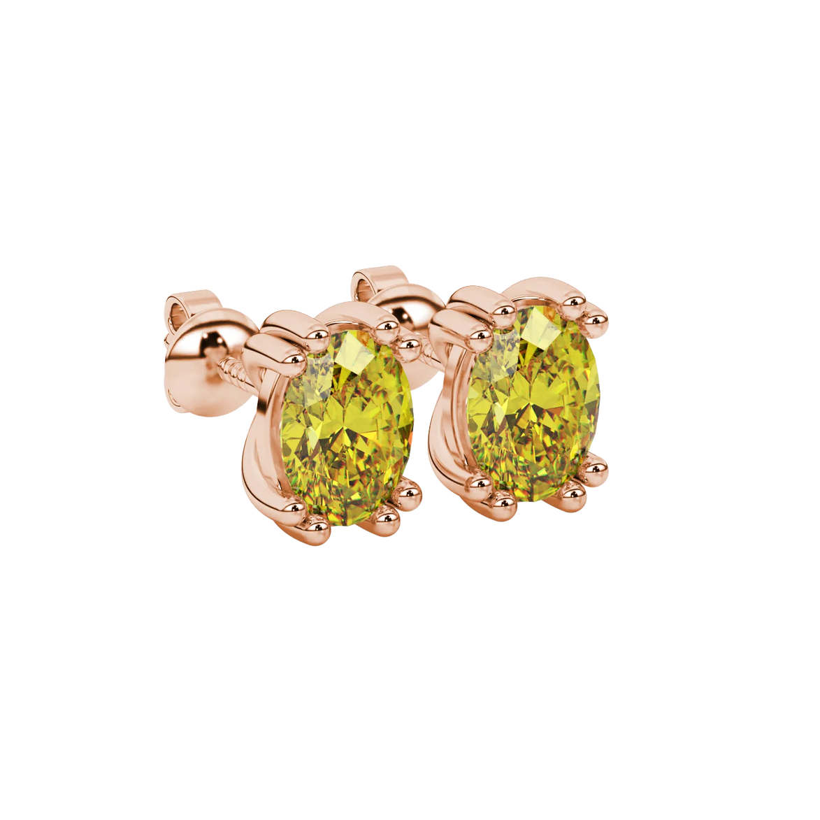 Close-up, oval cut canary yellow gemstone earrings, rose gold vintage basket.