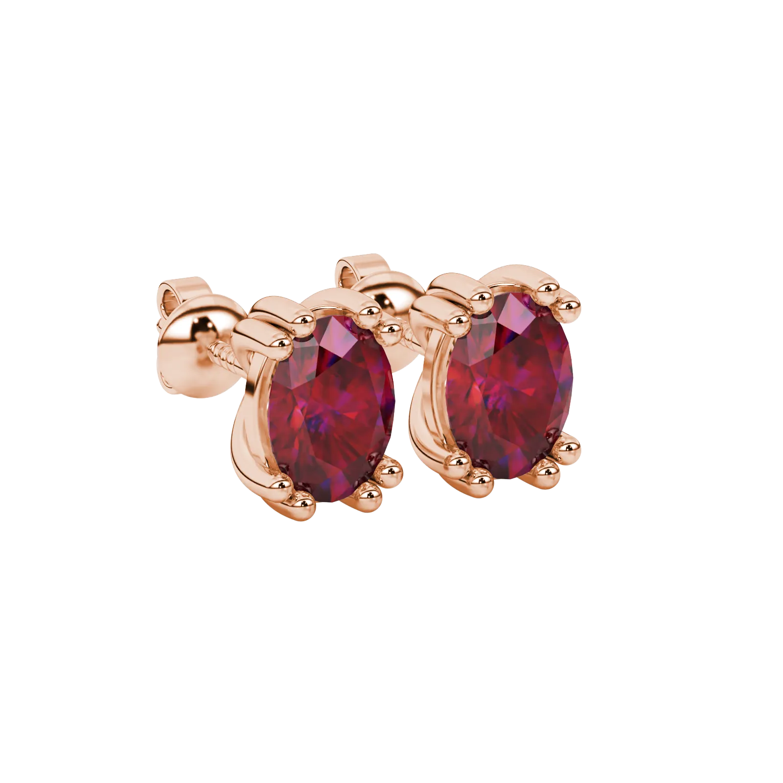 Close-up, oval cut raspberry red gemstone earrings, rose gold vintage basket.