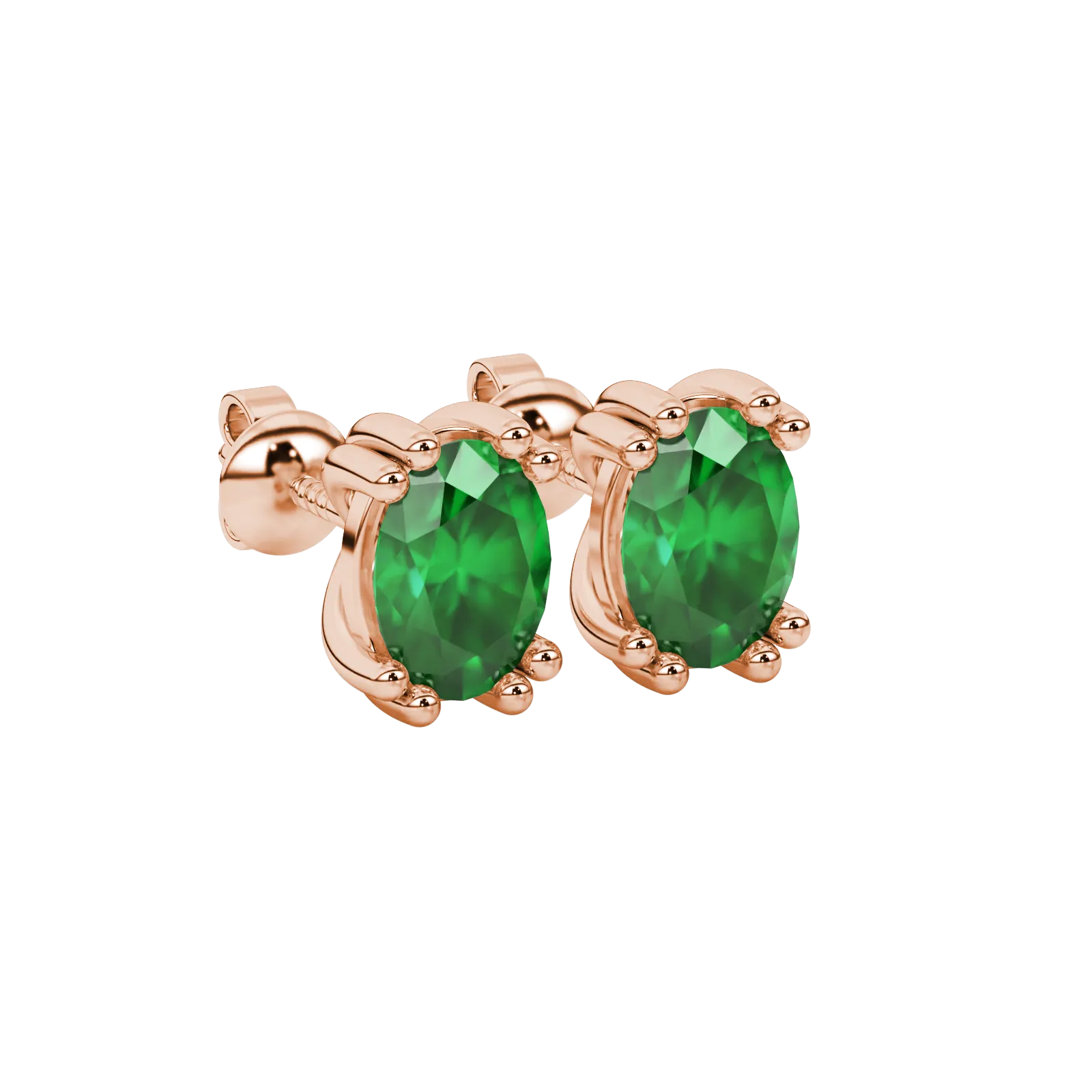 Close-up, oval cut emerald green gemstone earrings, rose gold vintage basket.