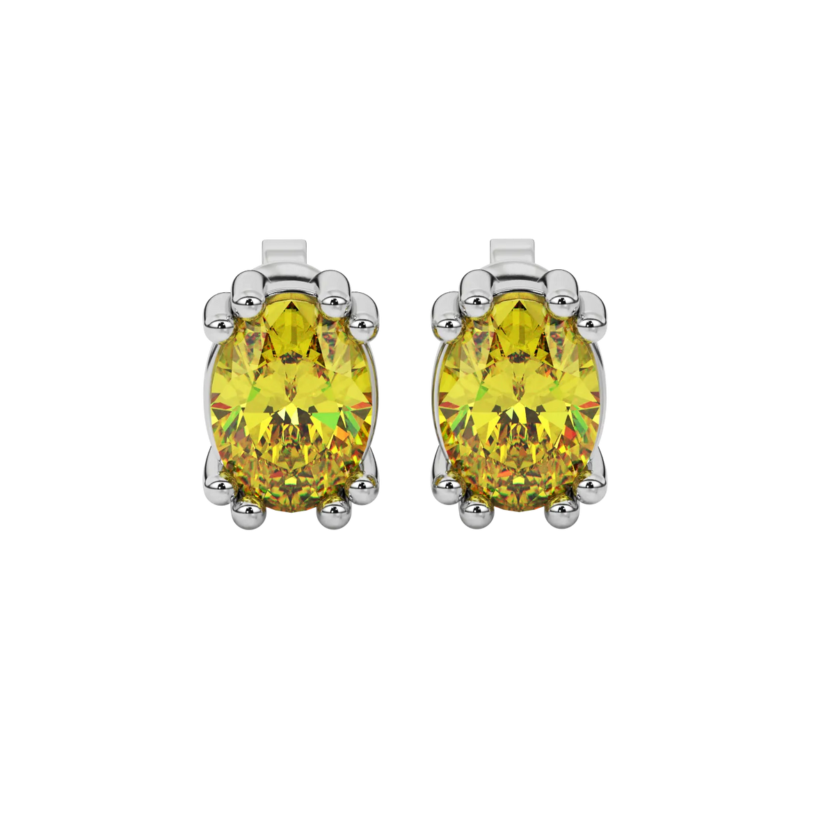 Oval cut canary yellow gemstone earrings, white gold vintage basket setting.