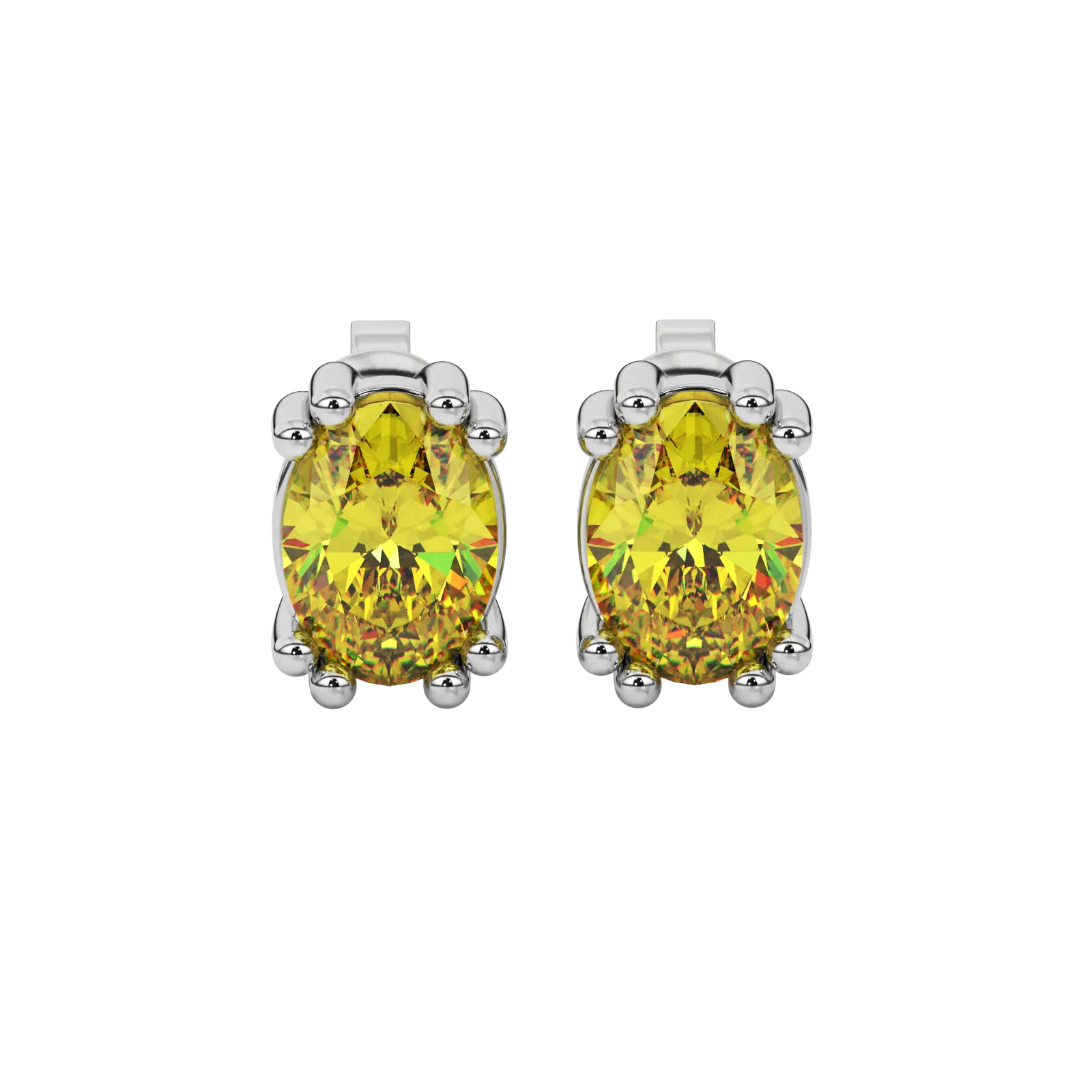 Oval cut canary yellow gemstone earrings, white gold vintage basket setting.