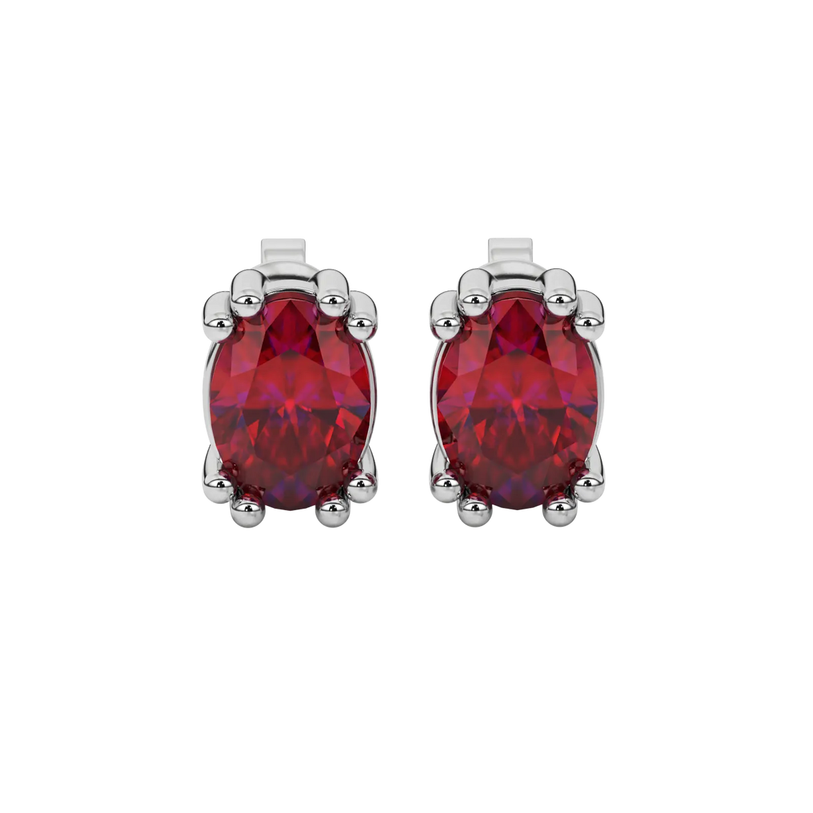 Oval cut raspberry red gemstone earrings, white gold vintage basket setting.